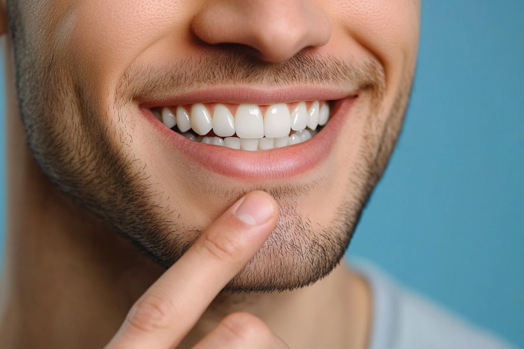 Close-up of a smiling man touching his healthy, white teeth with his finger, against a blue background