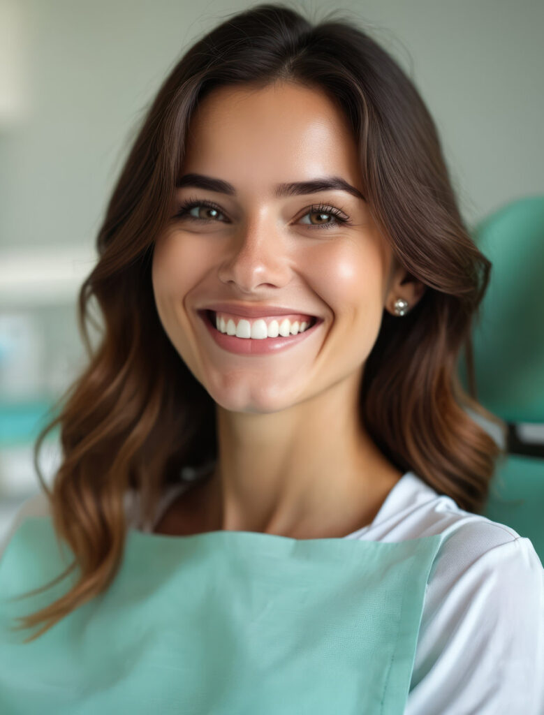 Smiling brunette woman having dental checkup in dentist surgery. Attractive patient with perfect white teeth, smiles after teeth whitening treatment. Dentist appointment concept.