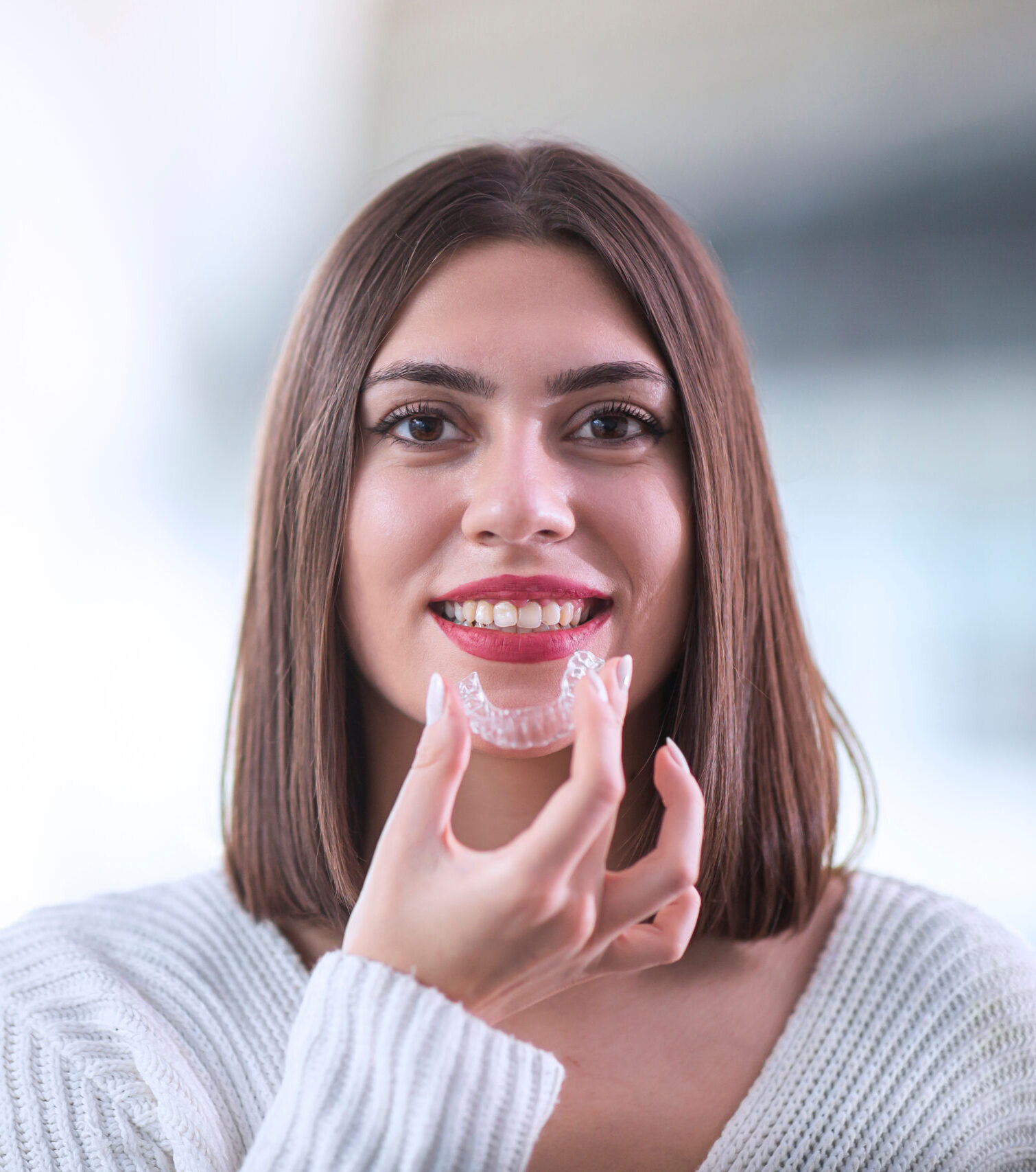 Beautiful smiling Turkish woman is holding an invisalign bracer, includes copy space
