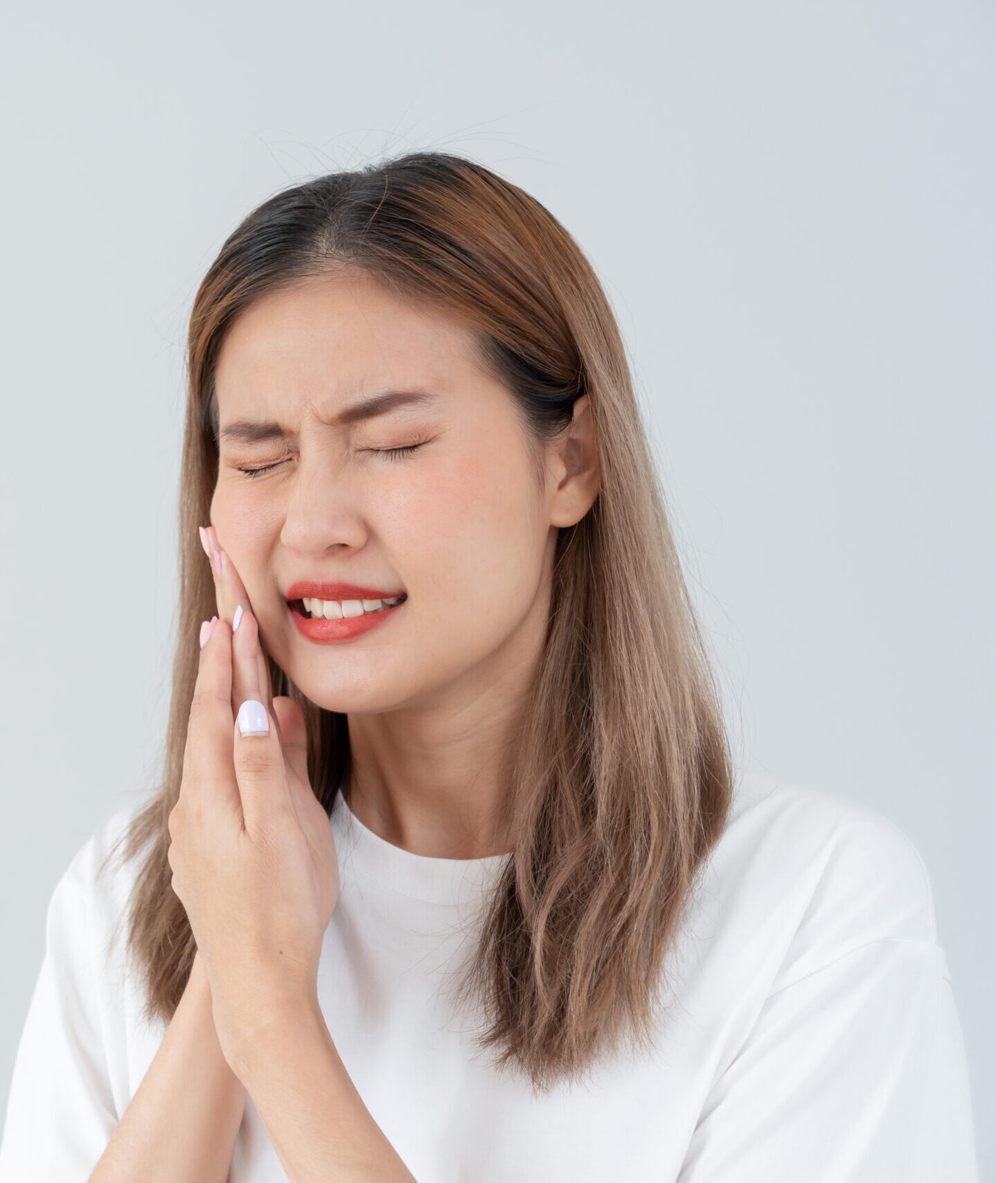 Asian woman feel toothache from gingivitis, female suffer tooth, decay problems, dental care. sensitive tooth, decay problem, bad breath, Gingival Recession, Oral Hygiene instruction, tooth extraction