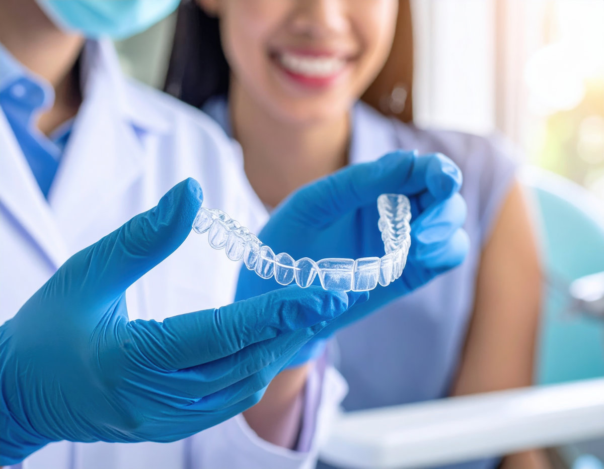 Dentist showing clear aligner to a smiling patient in a dental clinic
