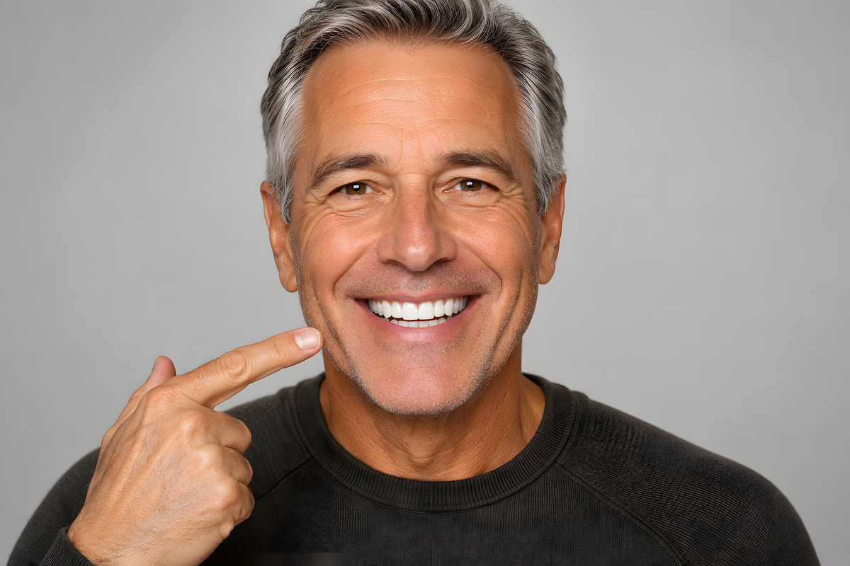Smiling Mature Man Pointing at White Teeth After Cosmetic Dentistry Treatment